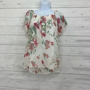 Luisa Ricci Cream Floral Silk Sheer Lined Short Sleeve Top